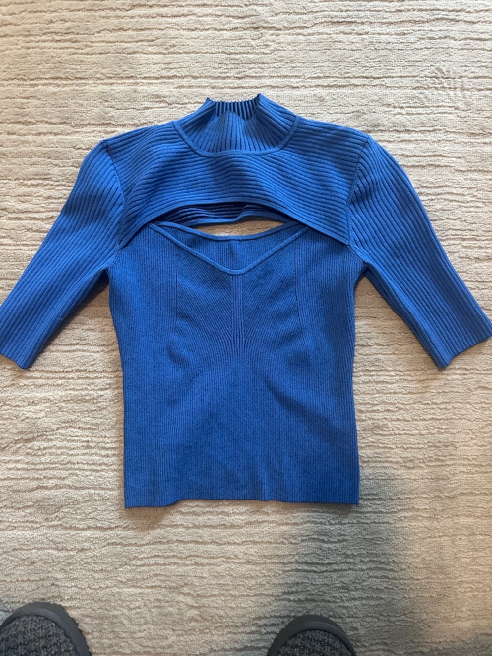 Blue Ribbed Cutout Knit Top